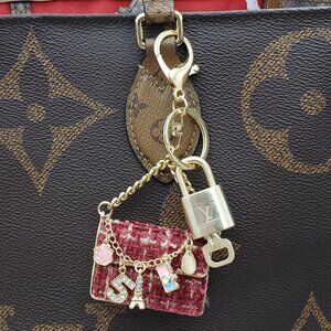 Authentic Louis Vuitton Lock & Key with Unbranded Tweed Bag Charm, Keychain